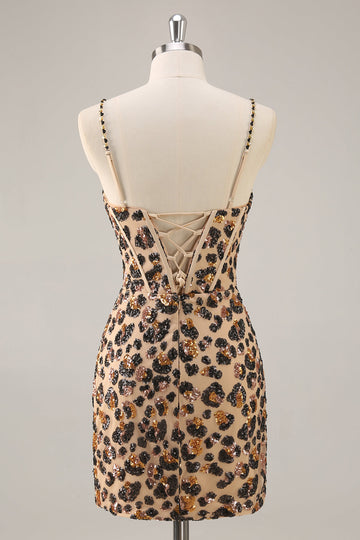 Kahki Leopard Korsett Bodycon Kort Homecoming Klänning med Paljetter